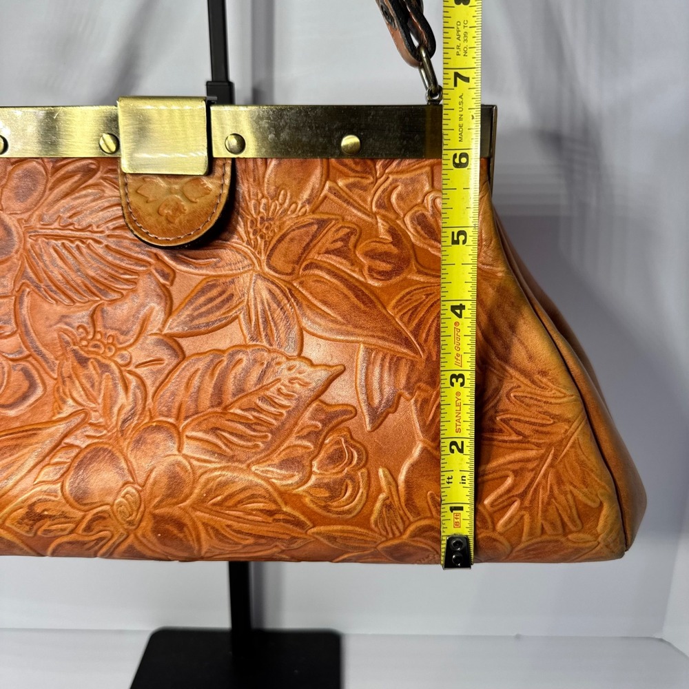 Patricia Nash Ferrara Frame Satchel Bag Tan Floral Embossed Genuine Leather - Picture 6 of 16